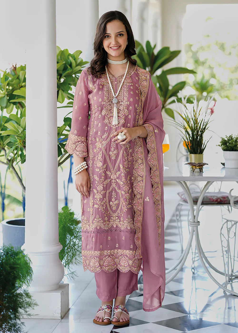 Pretty Pink Soft Organza Embroidered Pant Style Salwar Suit