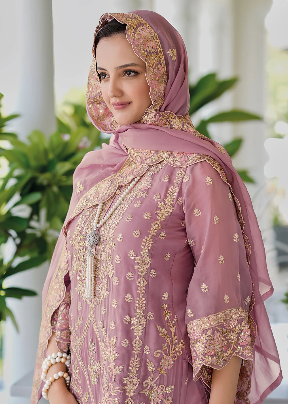 Pretty Pink Soft Organza Embroidered Pant Style Salwar Suit - Image 2