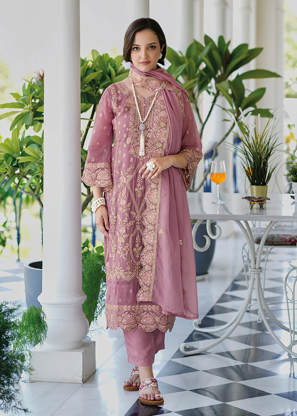 Pretty Pink Soft Organza Embroidered Pant Style Salwar Suit - Image 3
