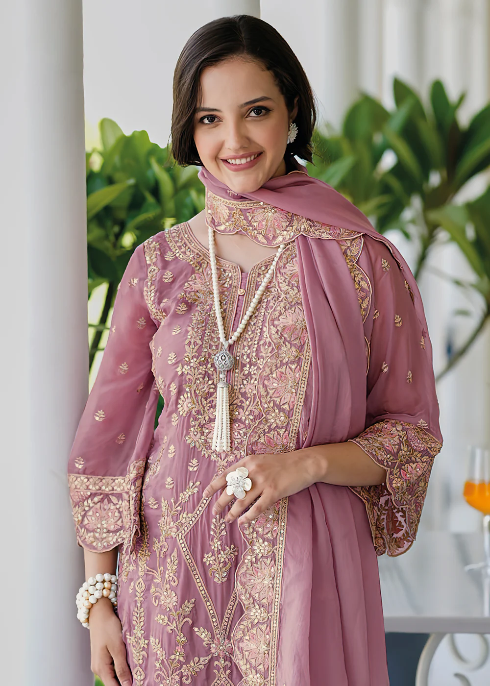 Pretty Pink Soft Organza Embroidered Pant Style Salwar Suit - Image 4