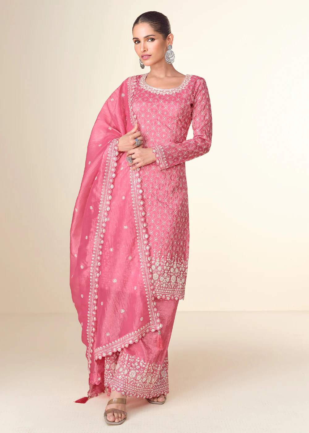 Pretty Pink Tissue Crush Embroidered Palazzo Suit