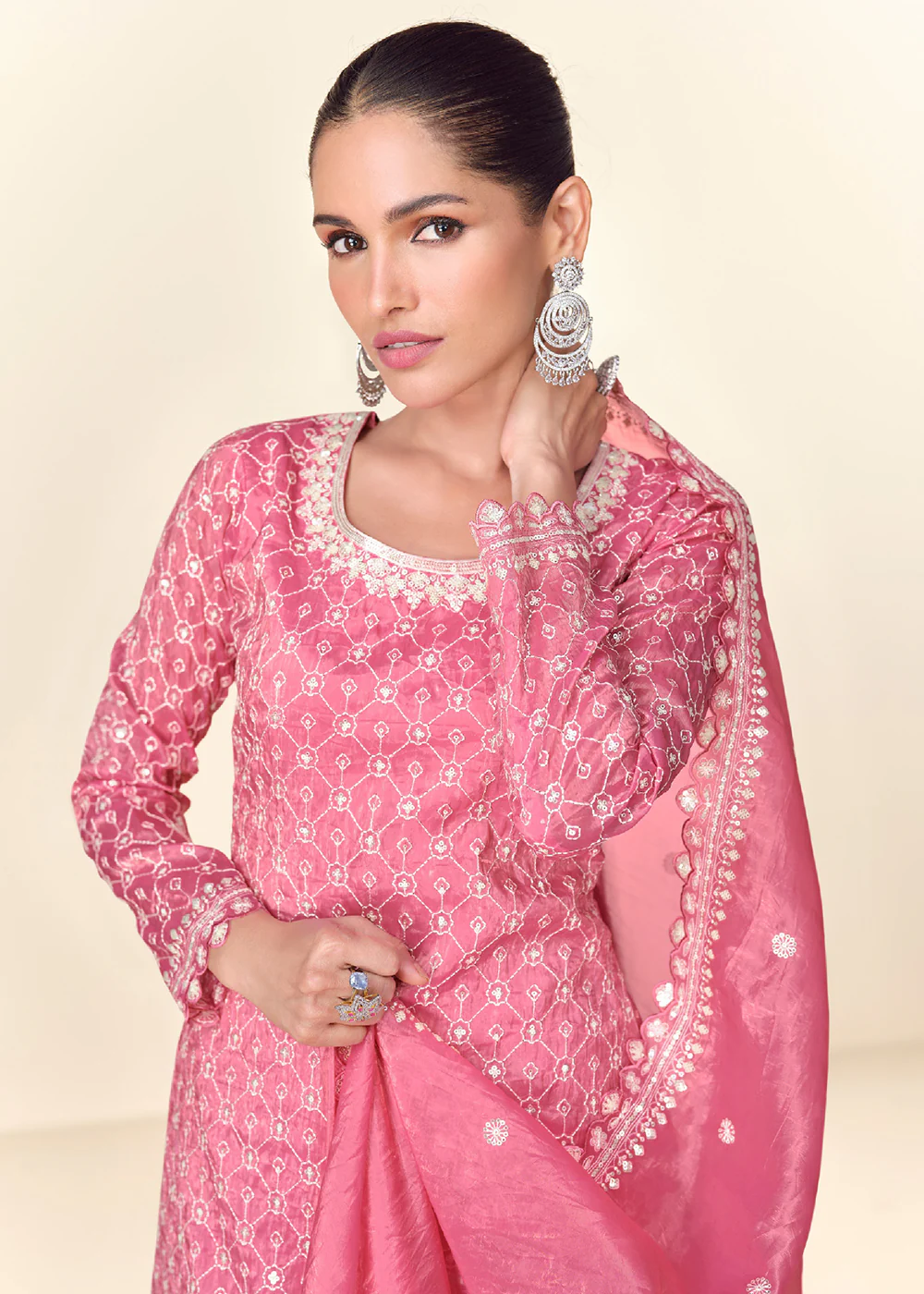 Pretty Pink Tissue Crush Embroidered Palazzo Suit - Image 2