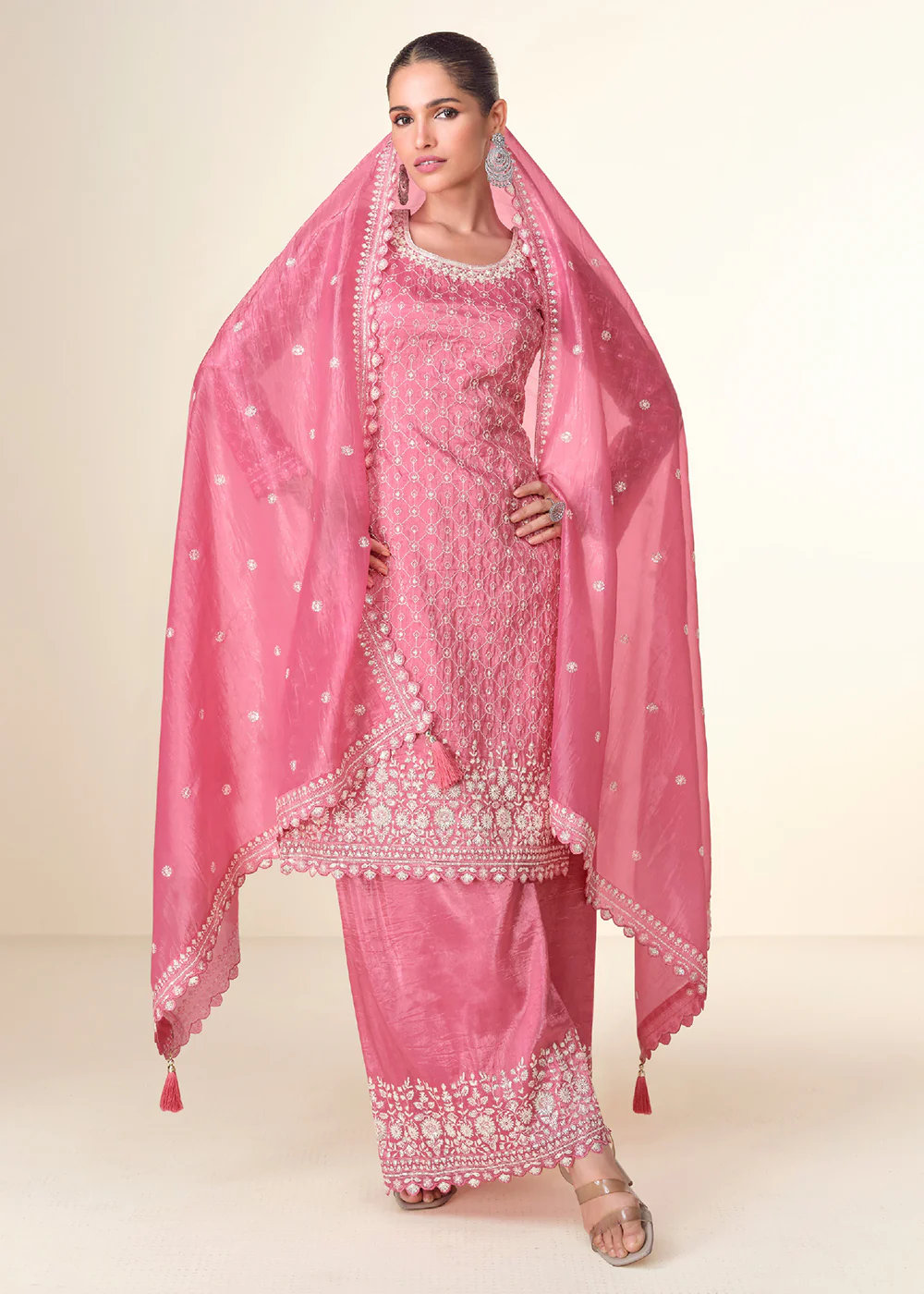 Pretty Pink Tissue Crush Embroidered Palazzo Suit - Image 3
