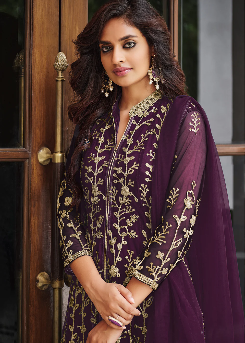 Pretty Plum Purple Designer Front Slit Anarkali Dress - Image 2