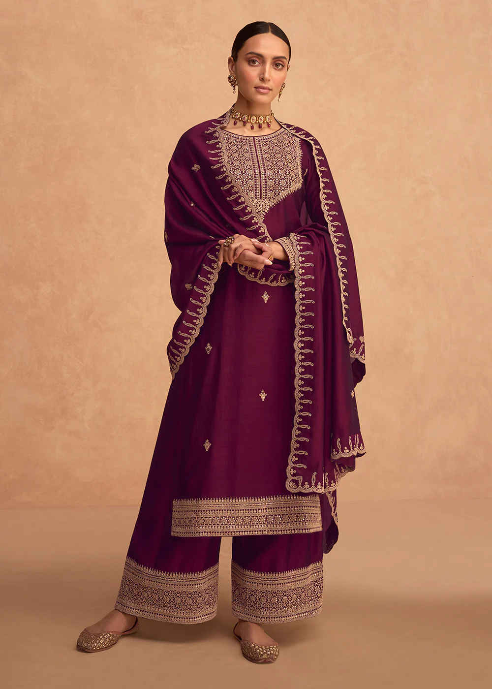 Pretty Plum Wine Premium Silk Embroidered Indian Palazzo Suit