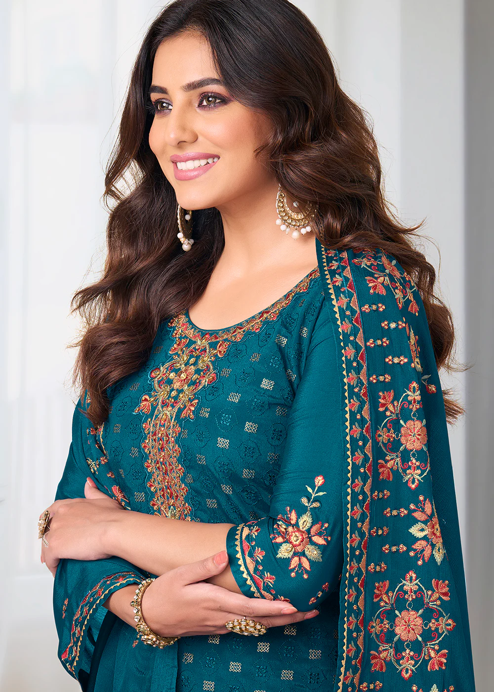 Pretty Prussian Blue Beautifully Embroidered Trendy Salwar Kameez - Image 3