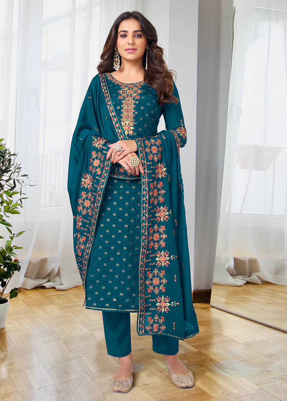 Pretty Prussian Blue Beautifully Embroidered Trendy Salwar Kameez - Image 4
