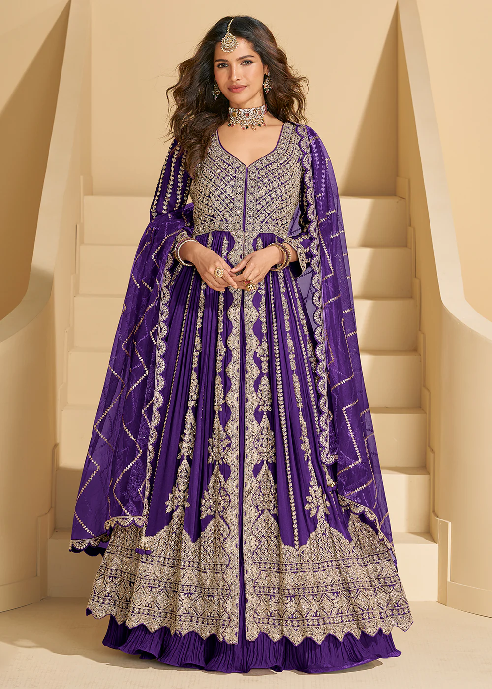 Pretty Purple Front Slit Embroidered Skirt Style Suit