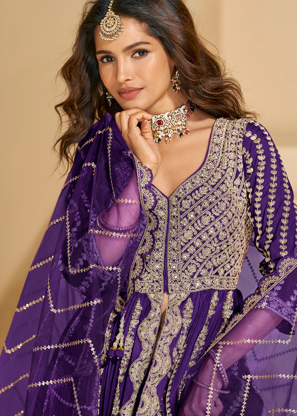 Pretty Purple Front Slit Embroidered Skirt Style Suit - Image 2