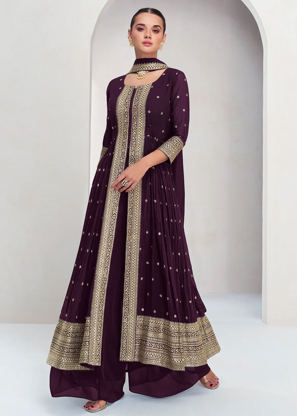 Pretty Purple Georgette Embroidered Slit Style Palazzo Suit