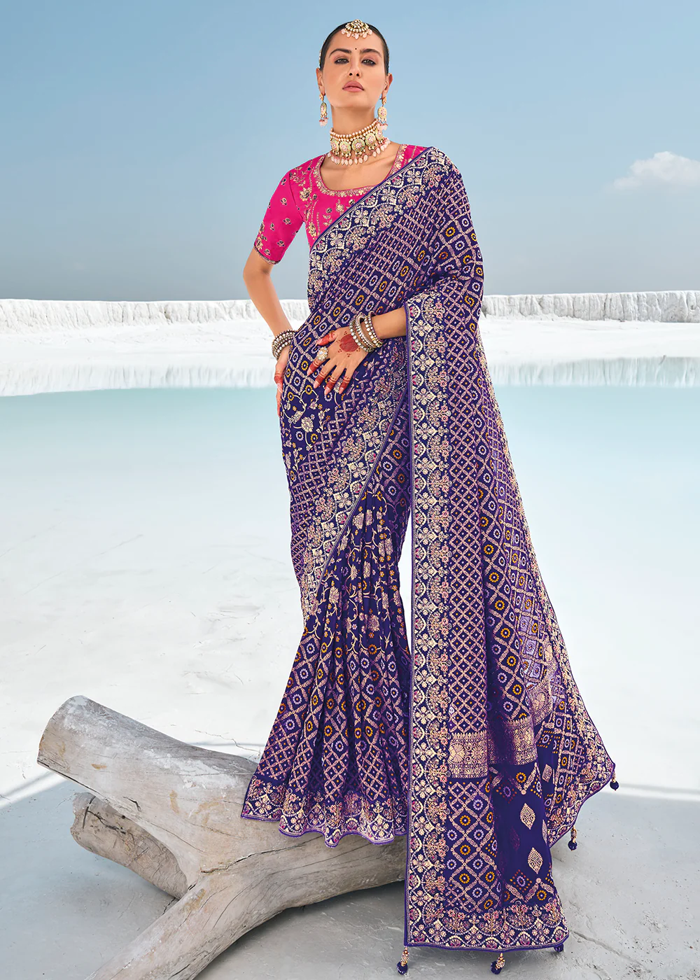 Pretty Purple Georgette Wedding Bandhani Patola Saree