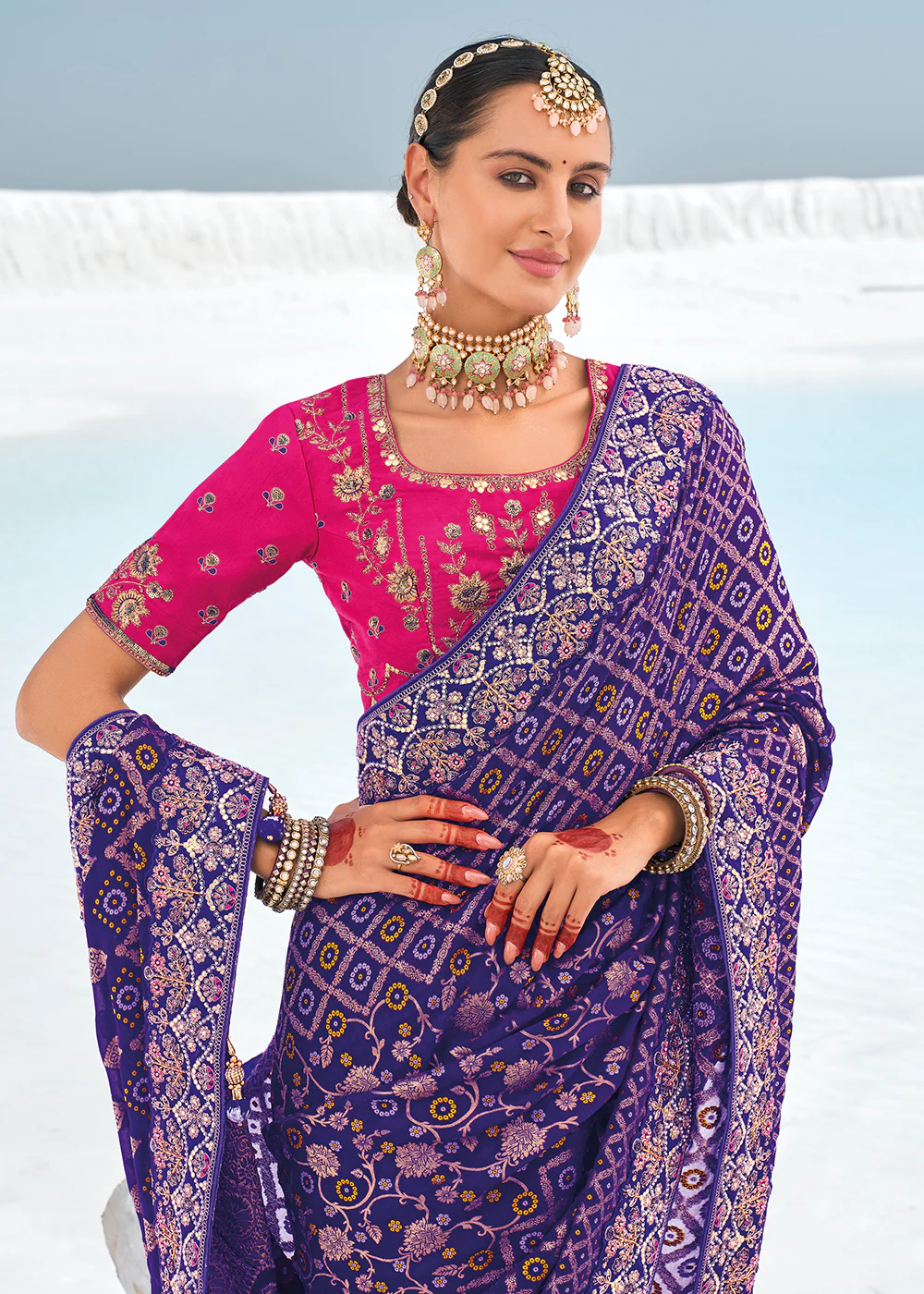 Pretty Purple Georgette Wedding Bandhani Patola Saree - Image 2