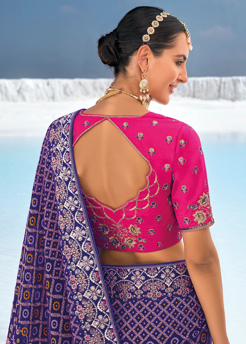 Pretty Purple Georgette Wedding Bandhani Patola Saree - Image 3