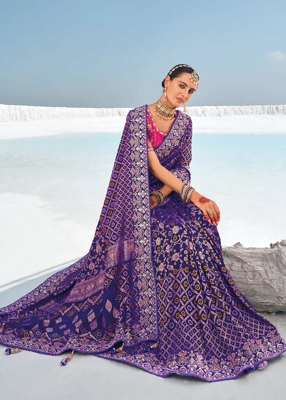 Pretty Purple Georgette Wedding Bandhani Patola Saree - Image 4