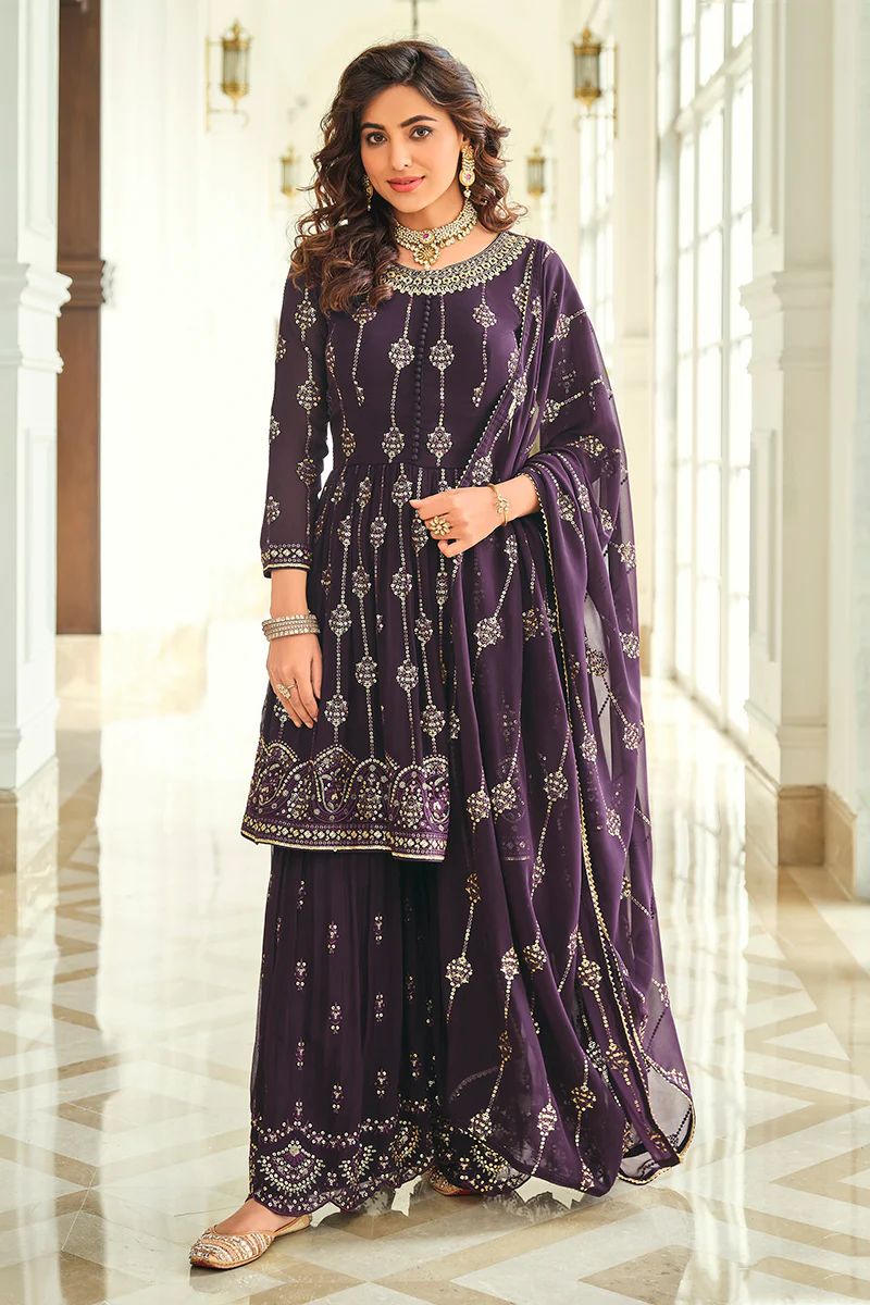 Pretty Purple Gharara Style Embroidered Peplum Suit