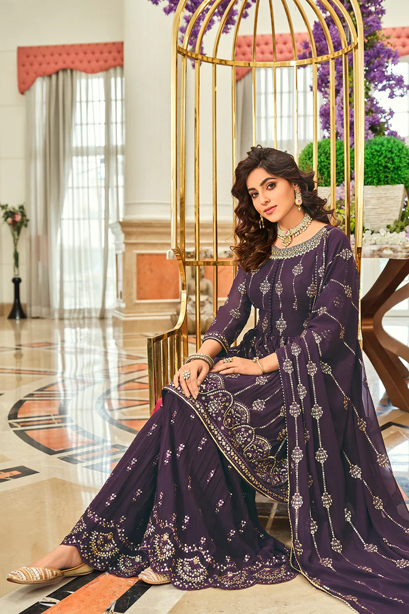 Pretty Purple Gharara Style Embroidered Peplum Suit - Image 2