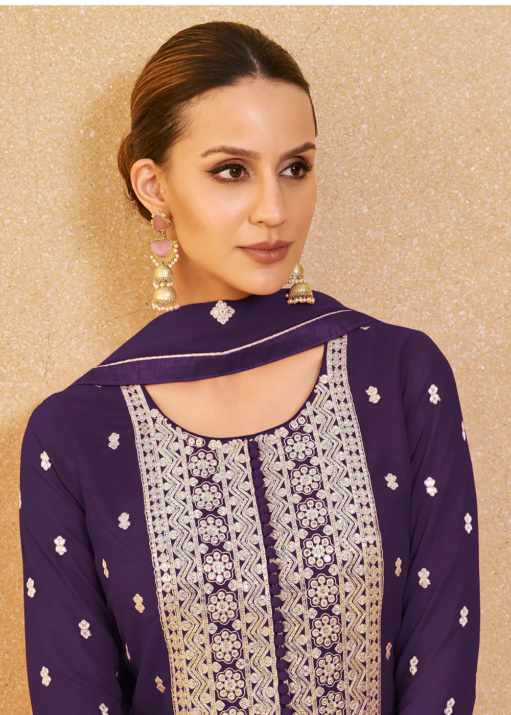 Pretty Purple Real Georgette Palazzo Style Salwar Suit - Image 2