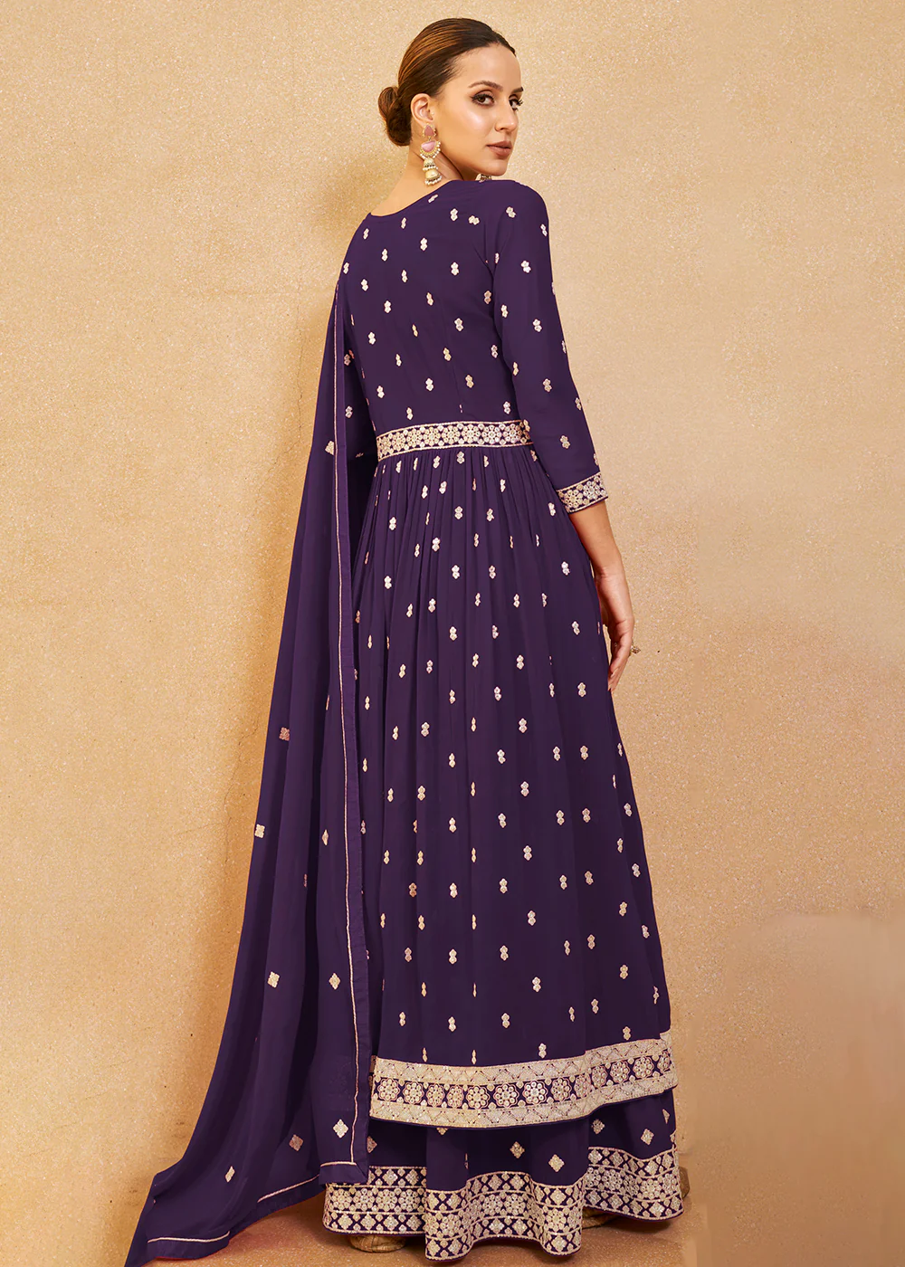 Pretty Purple Real Georgette Palazzo Style Salwar Suit - Image 3
