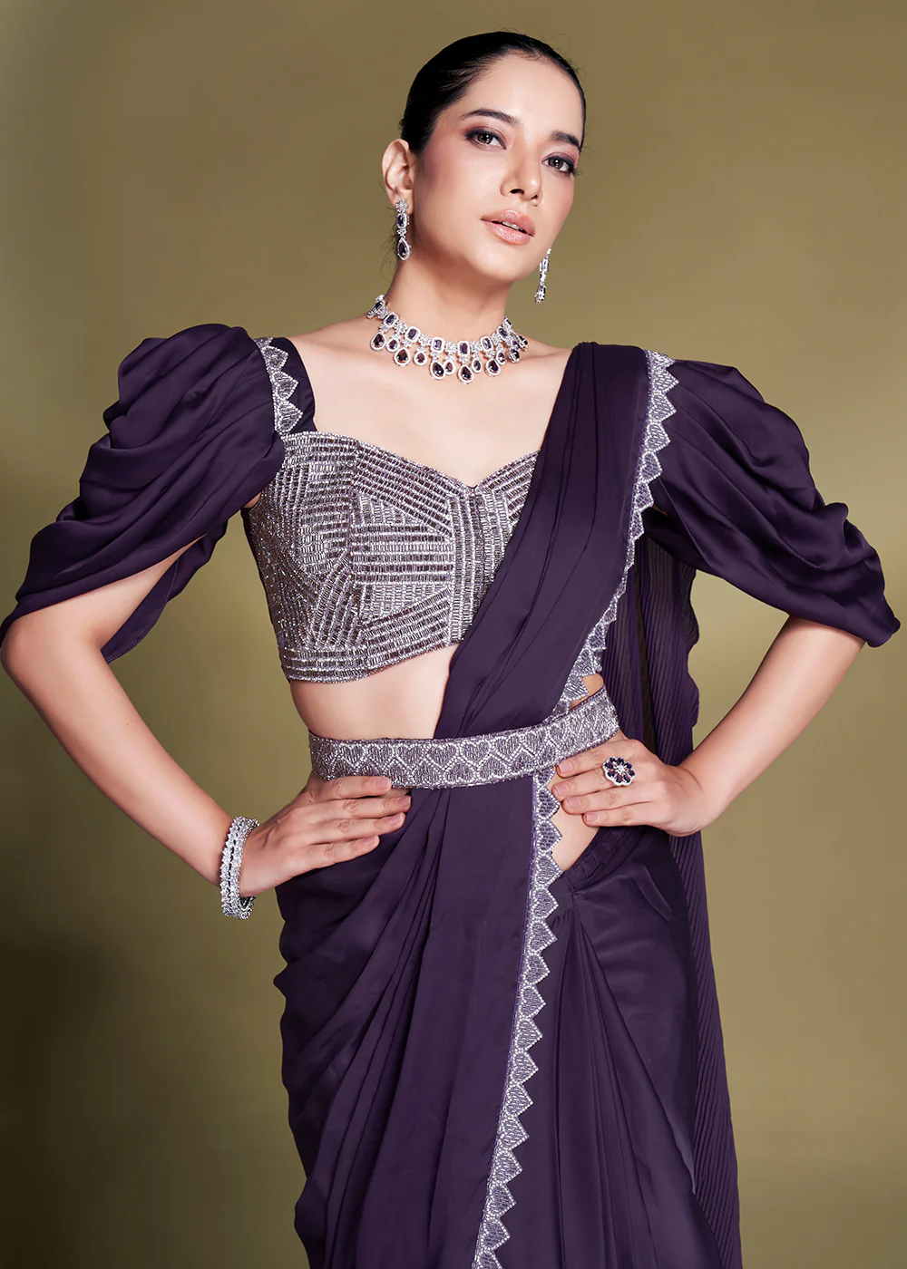 Pretty Purple Satin Silk Embroidered Ready to Wear Saree - Image 2