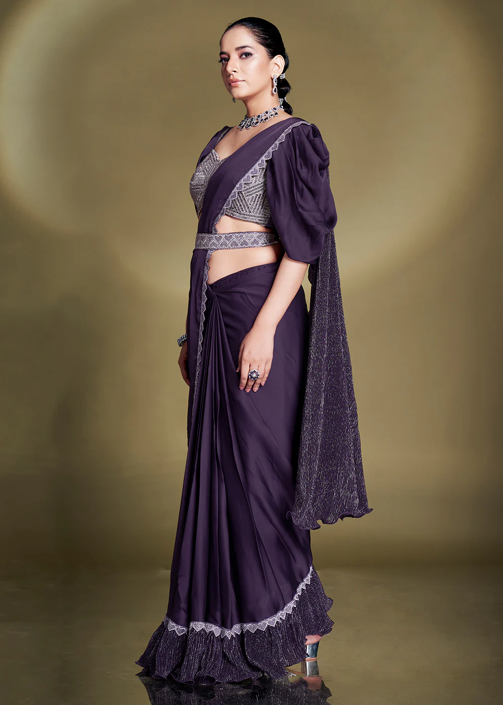 Pretty Purple Satin Silk Embroidered Ready to Wear Saree - Image 3