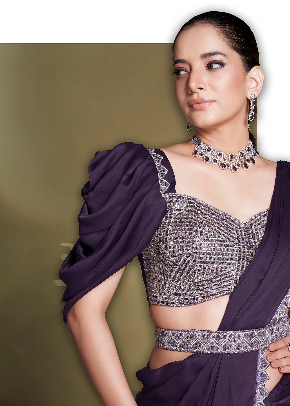 Pretty Purple Satin Silk Embroidered Ready to Wear Saree - Image 4