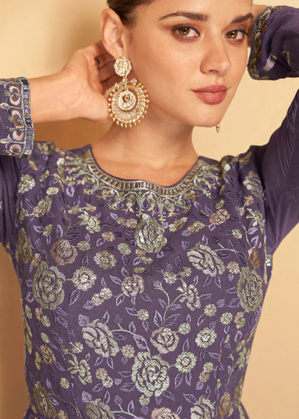 Pretty Purple Sequins Embroidered Sharara Style Suit - Image 2