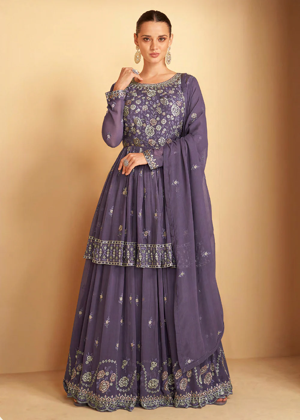 Pretty Purple Sequins Embroidered Sharara Style Suit - Image 3