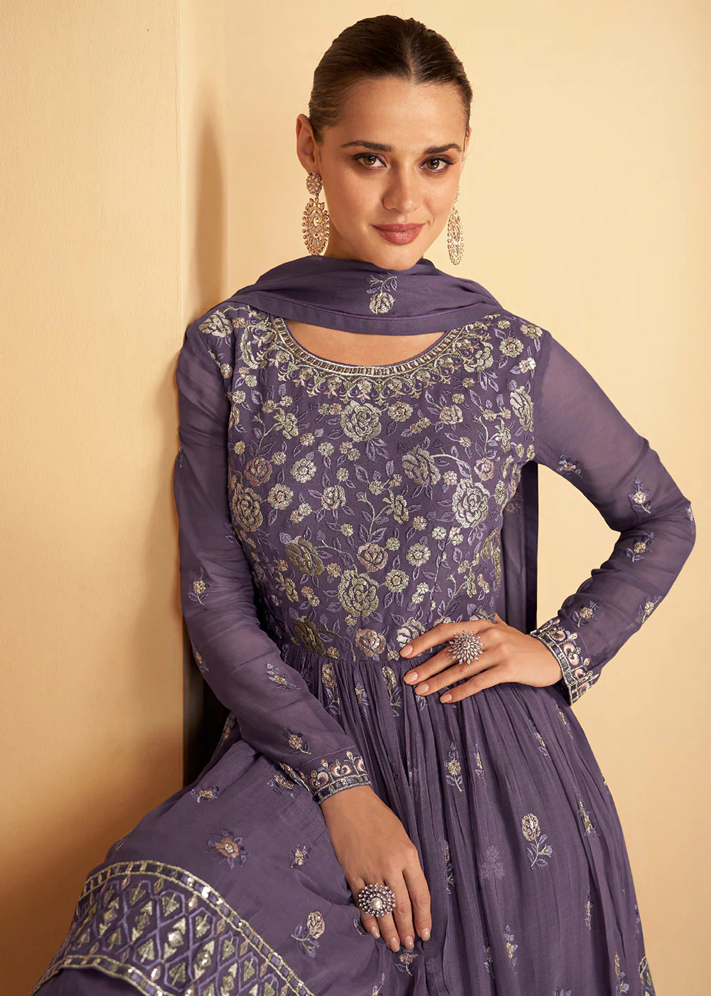 Pretty Purple Sequins Embroidered Sharara Style Suit - Image 4