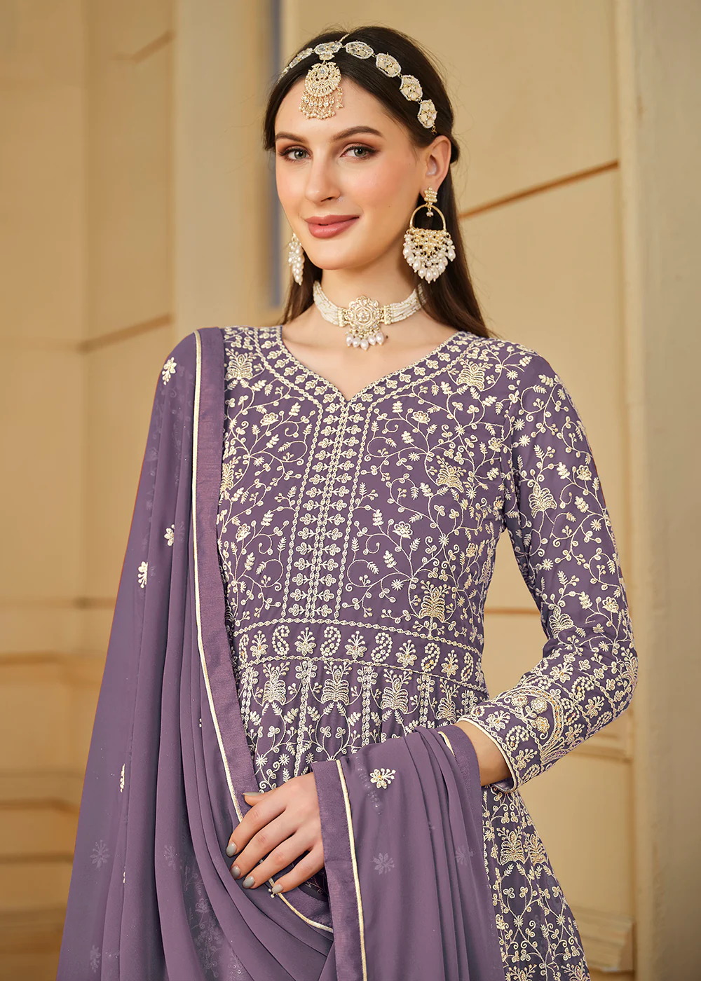 Pretty Purple Thread & Sequins Georgette Anarkali Suit - Image 2