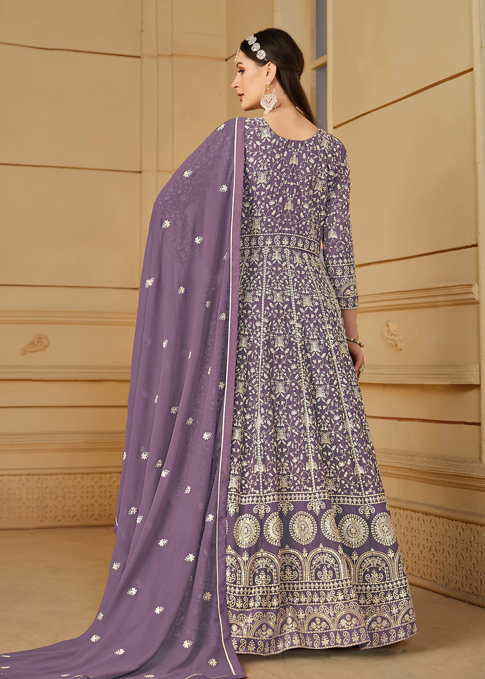Pretty Purple Thread & Sequins Georgette Anarkali Suit - Image 3