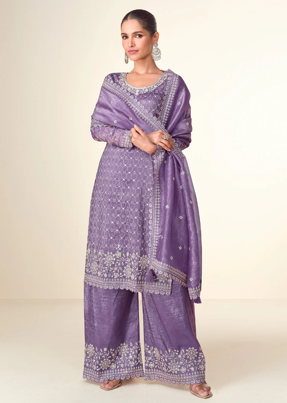 Pretty Purple Tissue Crush Embroidered Palazzo Suit