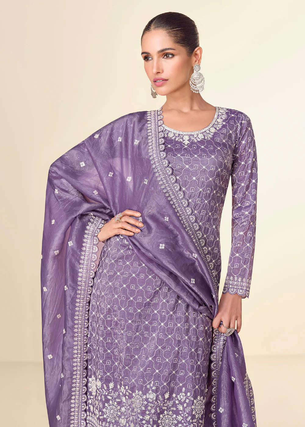 Pretty Purple Tissue Crush Embroidered Palazzo Suit - Image 2