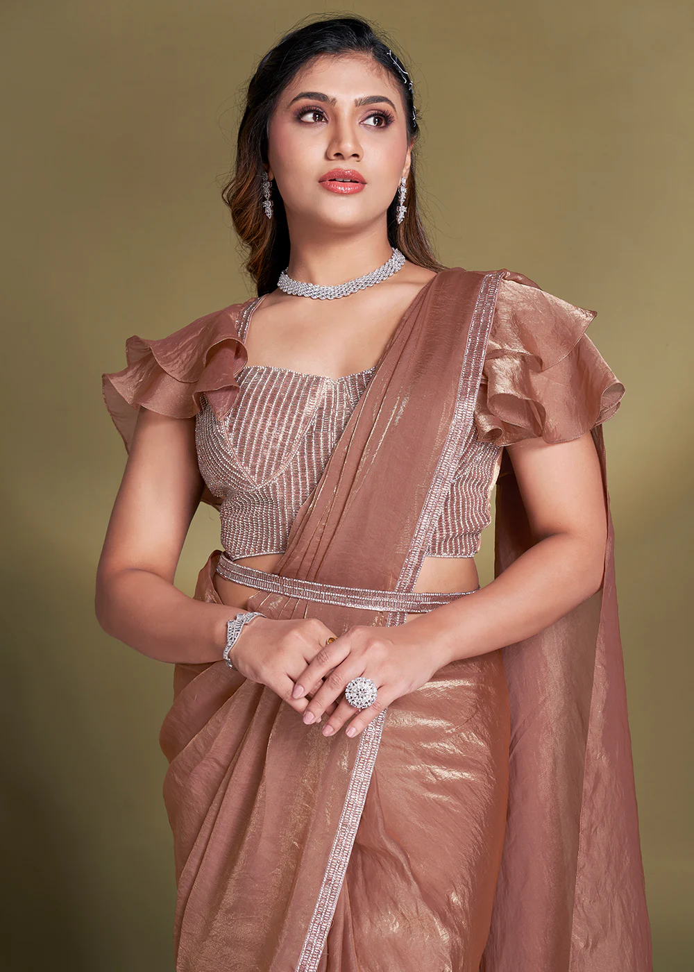 Pretty Rust Satin Silk Embroidered Ready to Wear Saree - Image 2