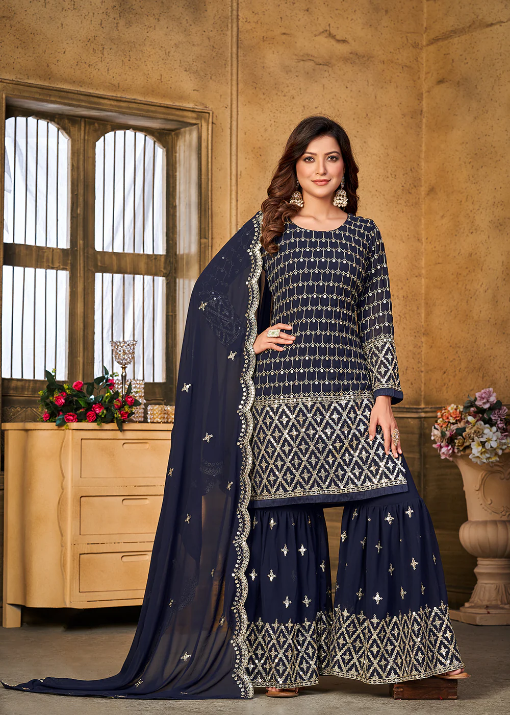 Pretty Sequins Embroidered Blue Festive Gharara Style Suit - Image 4