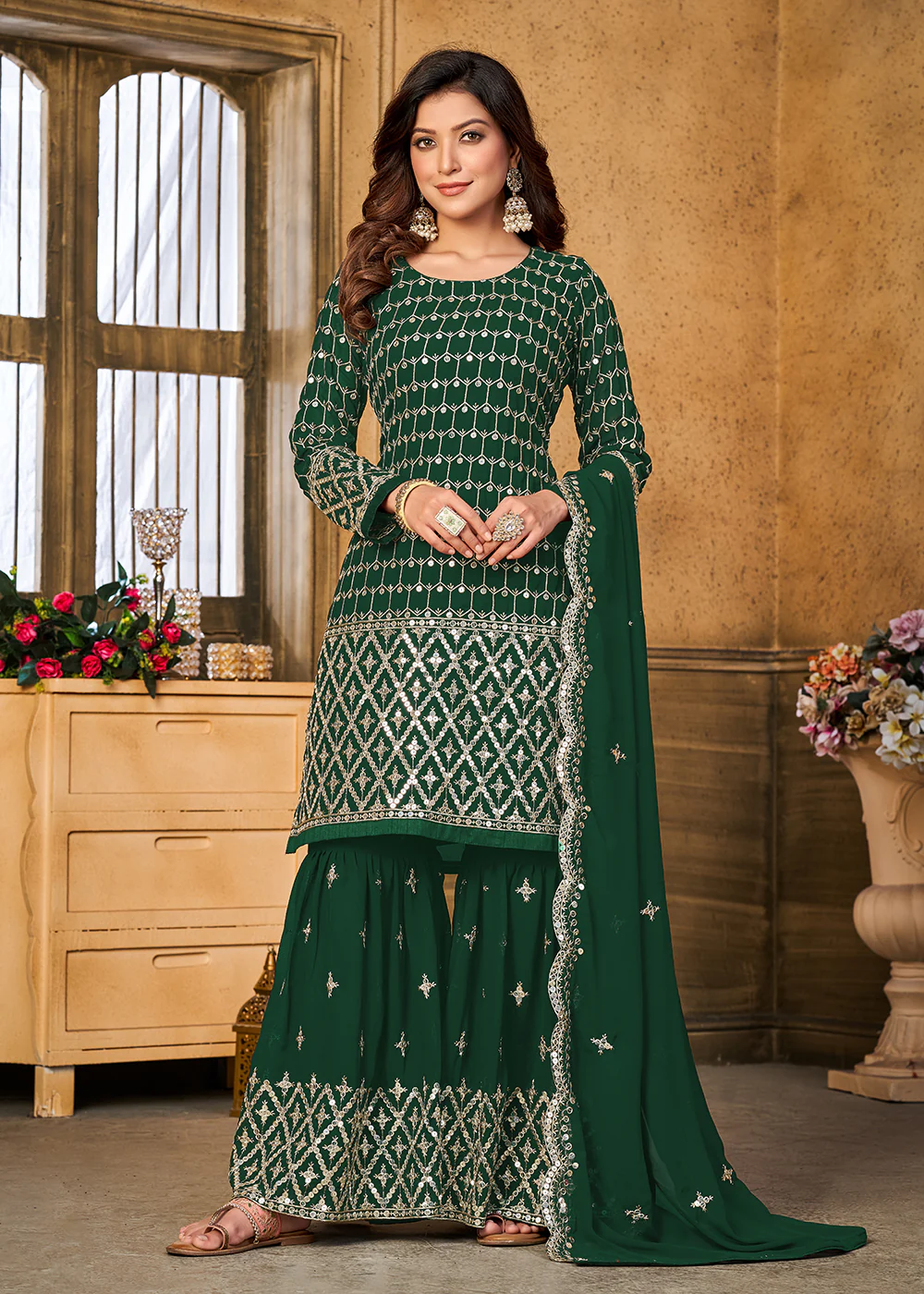 Pretty Sequins Embroidered Green Festive Gharara Style Suit