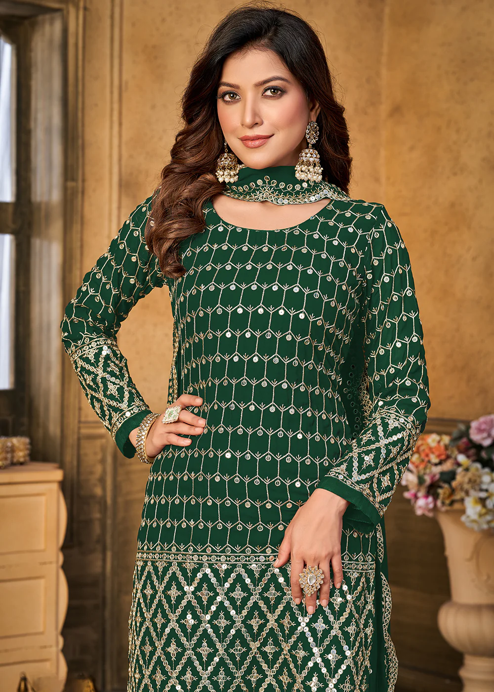 Pretty Sequins Embroidered Green Festive Gharara Style Suit - Image 2