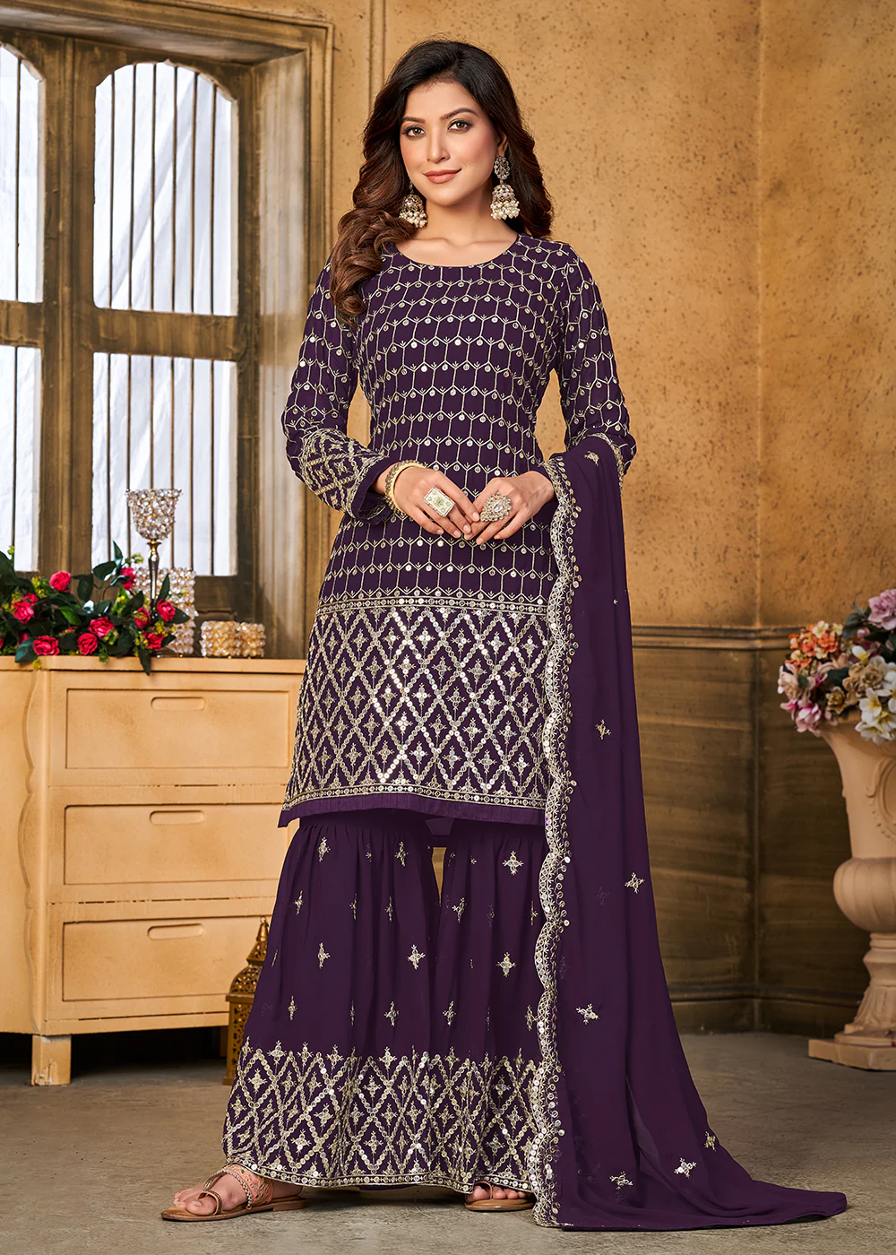 Pretty Sequins Embroidered Purple Festive Gharara Style Suit