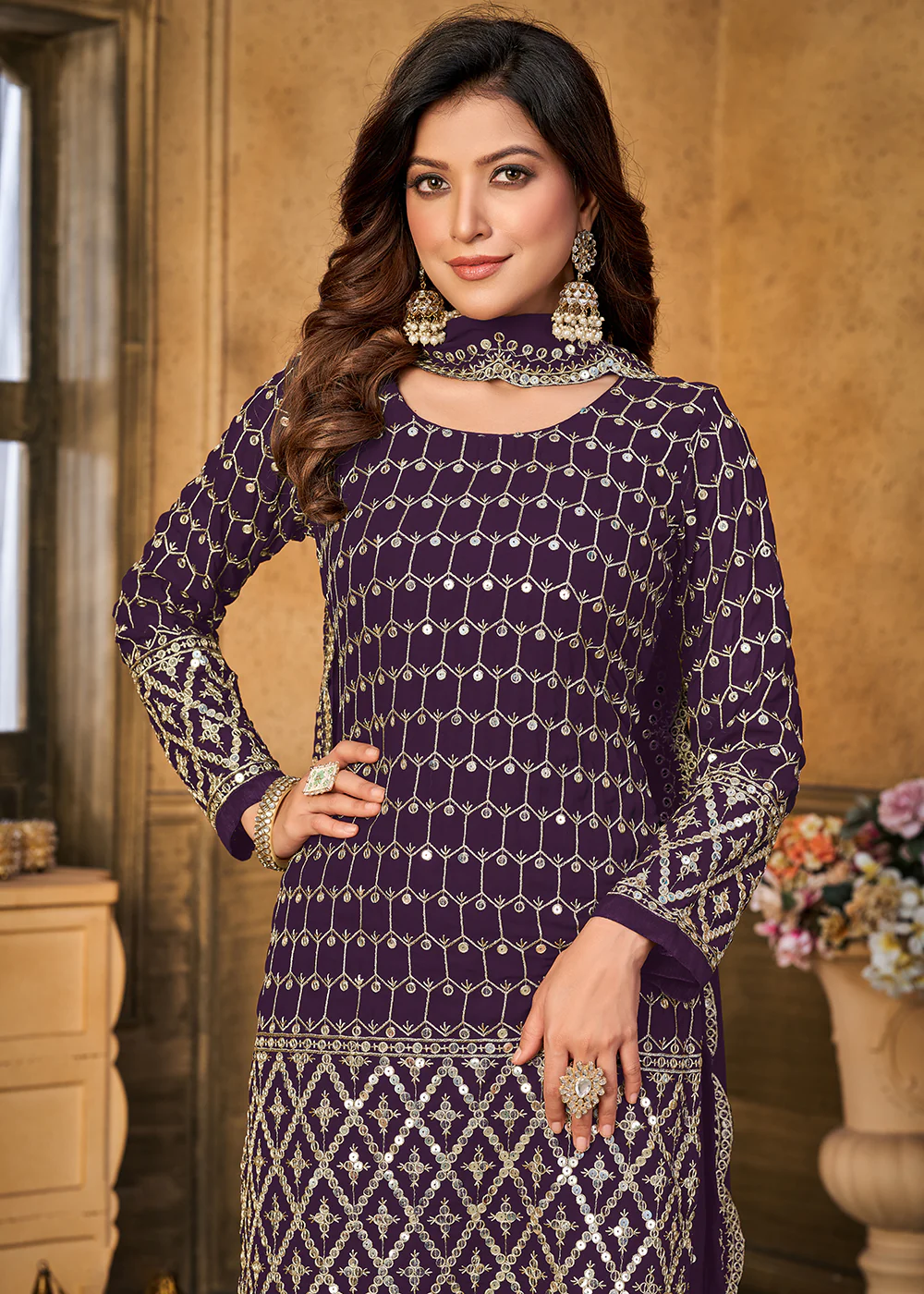 Pretty Sequins Embroidered Purple Festive Gharara Style Suit - Image 2