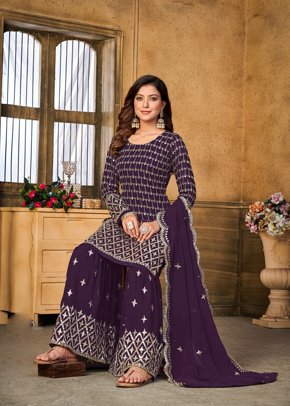 Pretty Sequins Embroidered Purple Festive Gharara Style Suit - Image 3