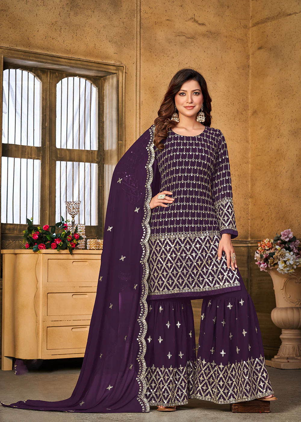 Pretty Sequins Embroidered Purple Festive Gharara Style Suit - Image 4