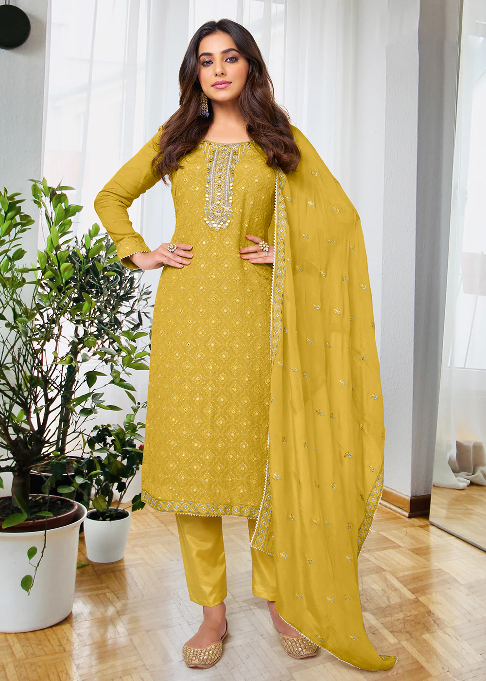 Pretty Sunny Mustard Beautifully Embroidered Trendy Salwar Kameez - Image 4