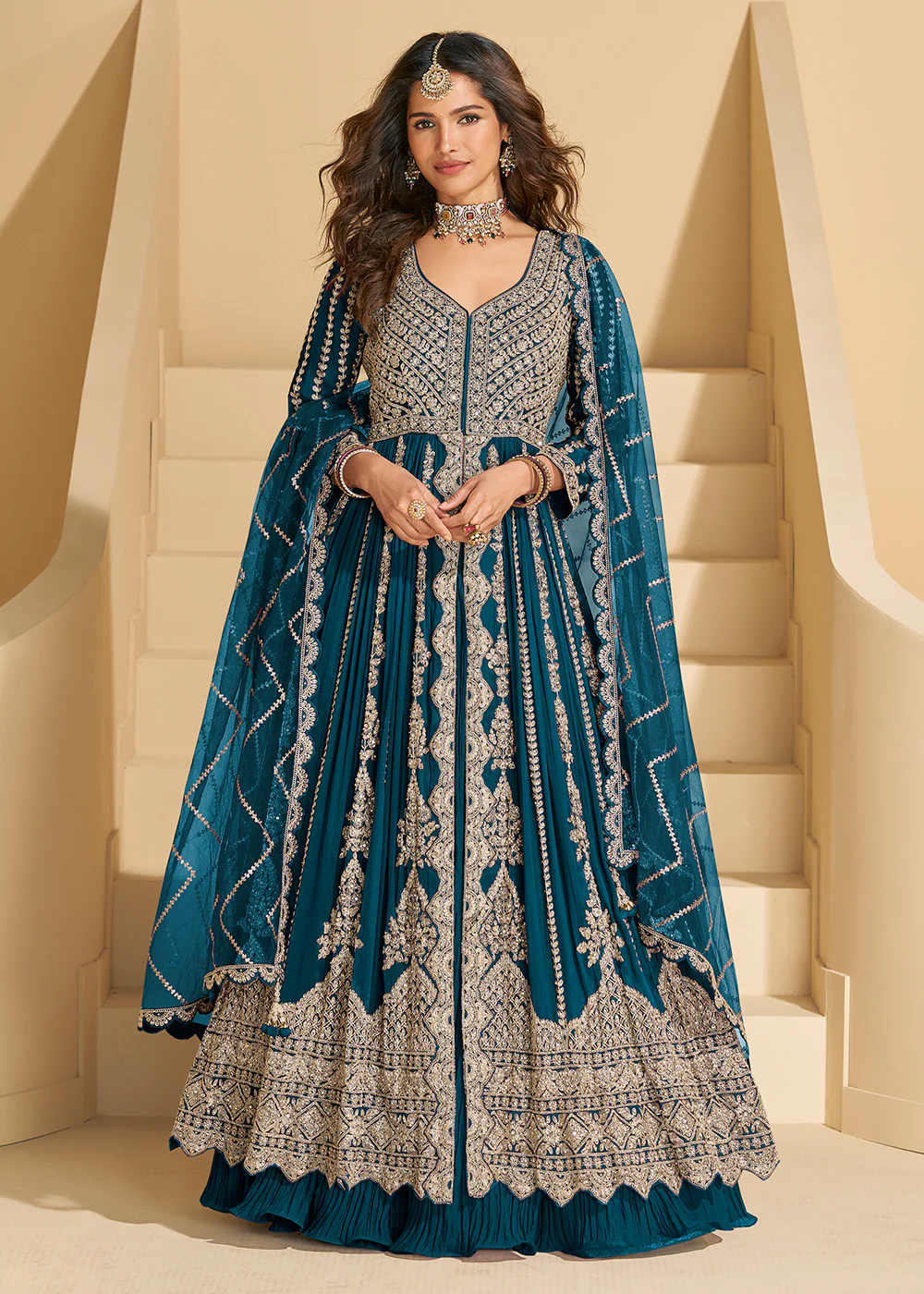 Pretty Teal Blue Front Slit Embroidered Skirt Style Suit