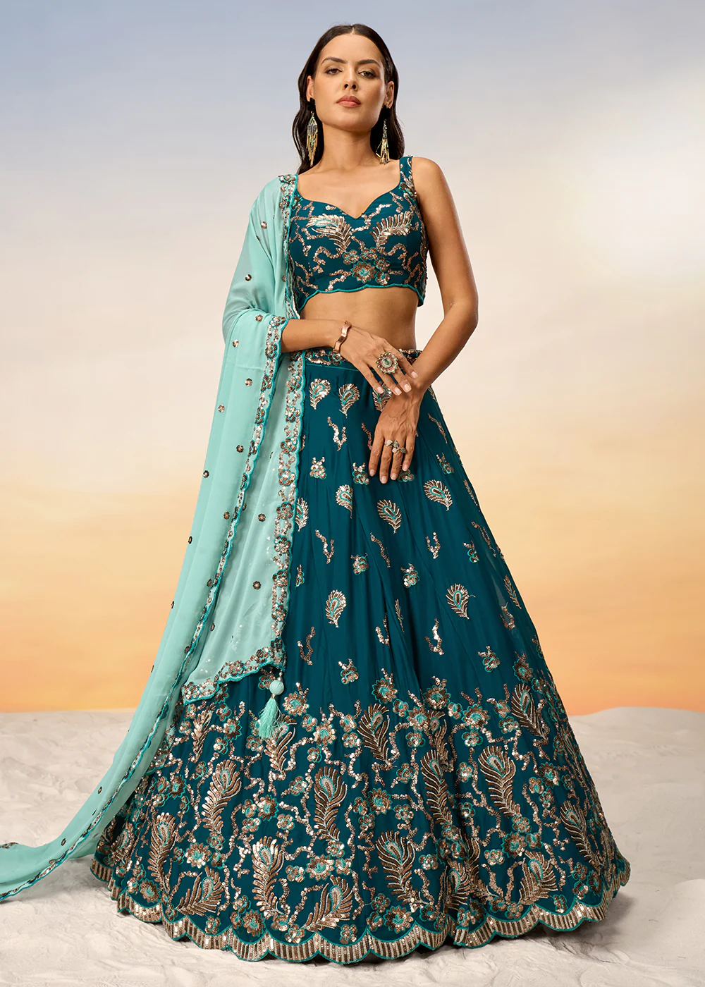 Pretty Teal Sequins Embroidered Designer Lehenga Choli