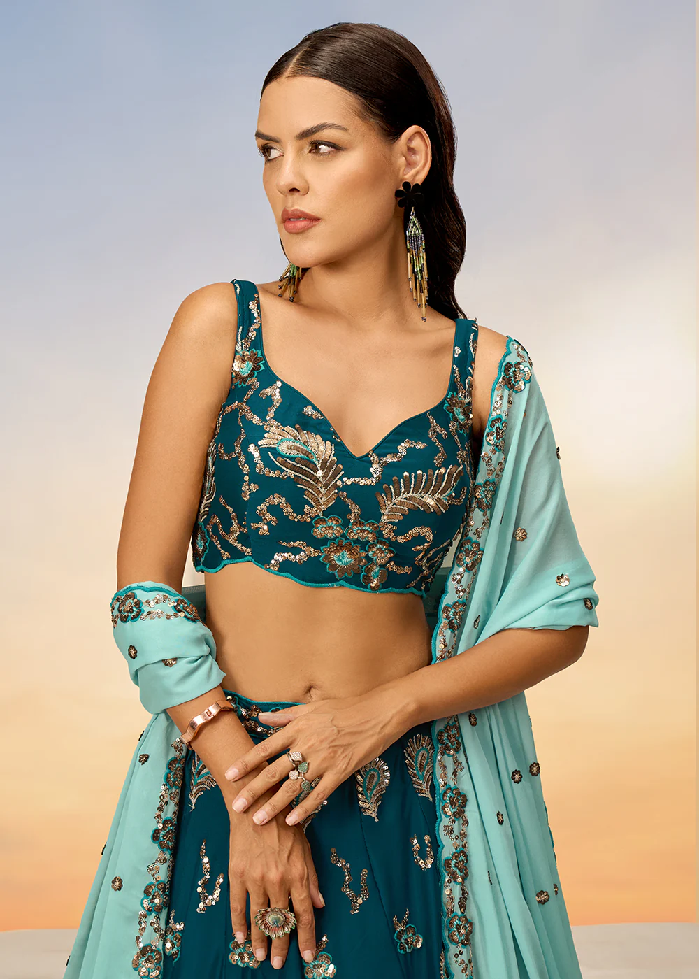 Pretty Teal Sequins Embroidered Designer Lehenga Choli - Image 2