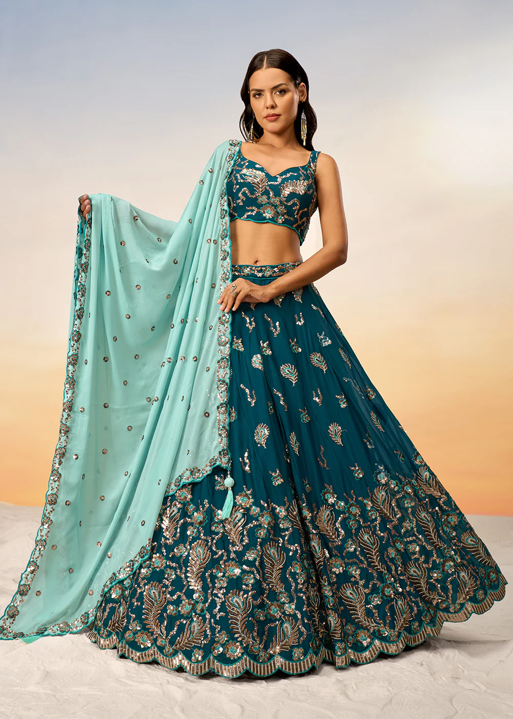 Pretty Teal Sequins Embroidered Designer Lehenga Choli - Image 4