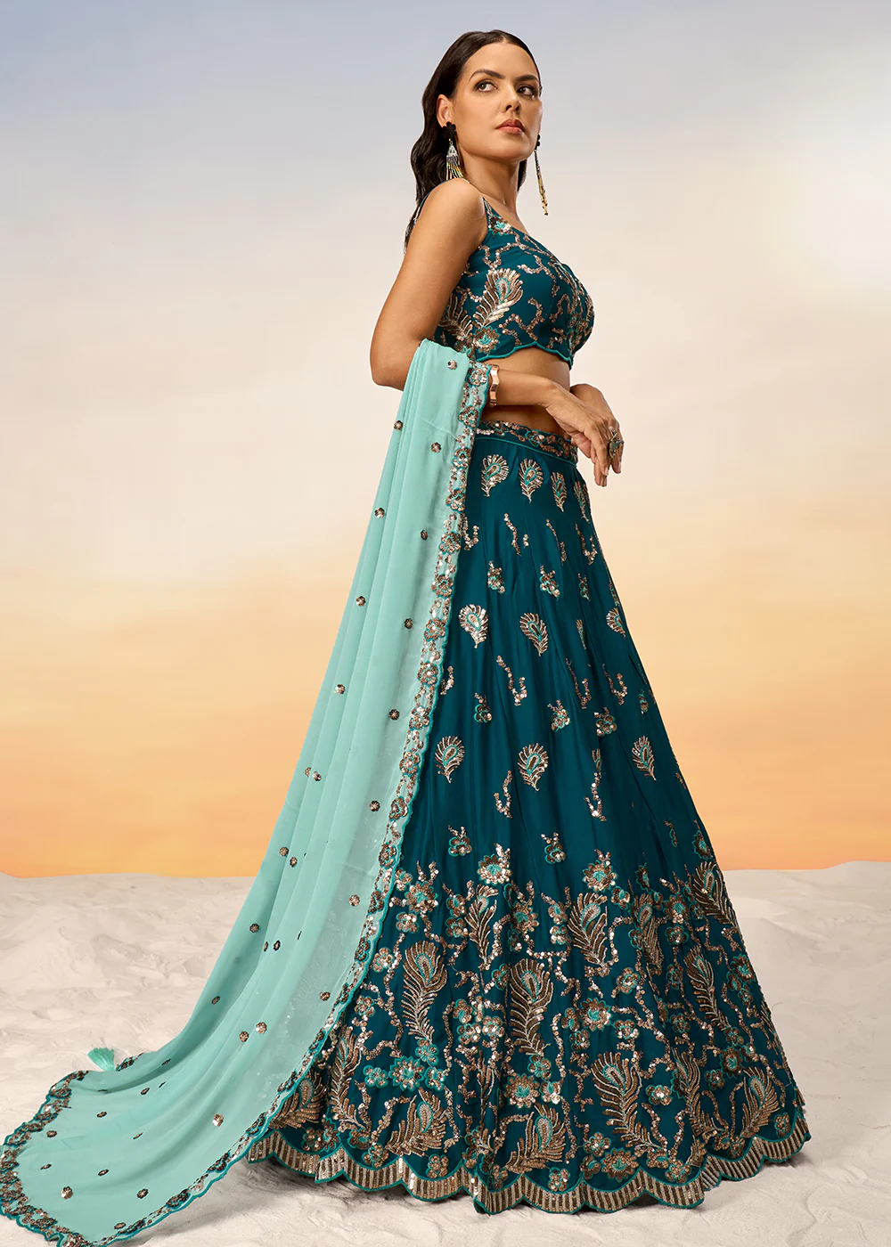Pretty Teal Sequins Embroidered Designer Lehenga Choli - Image 5