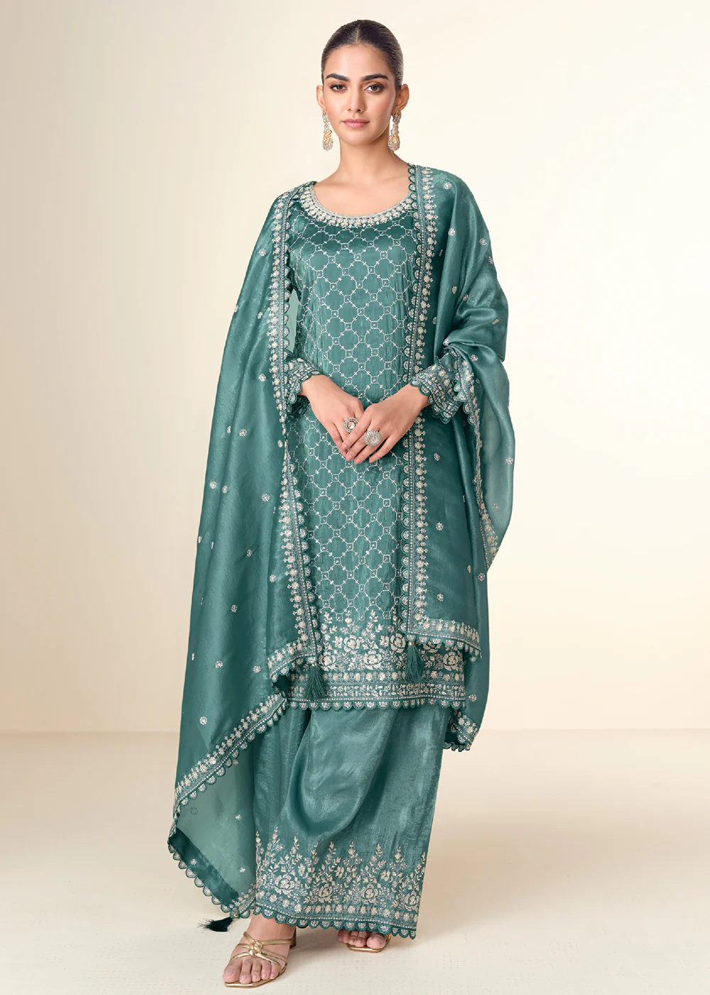 Pretty Teal Tissue Crush Embroidered Palazzo Suit