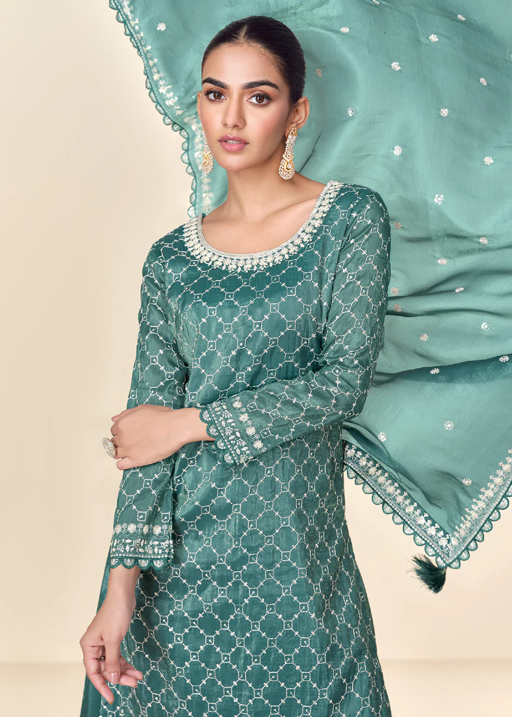 Pretty Teal Tissue Crush Embroidered Palazzo Suit - Image 2