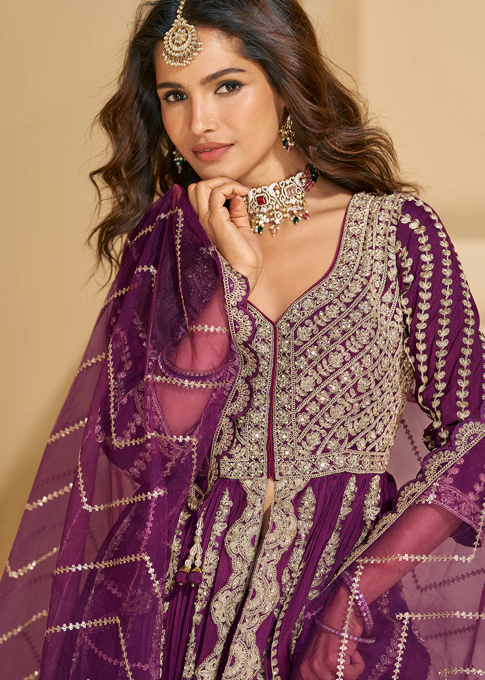 Pretty Wine Front Slit Embroidered Skirt Style Suit - Image 2
