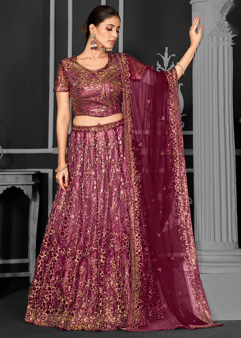 Pretty Wine Net Embroidered Bridal Party Lehenga Choli